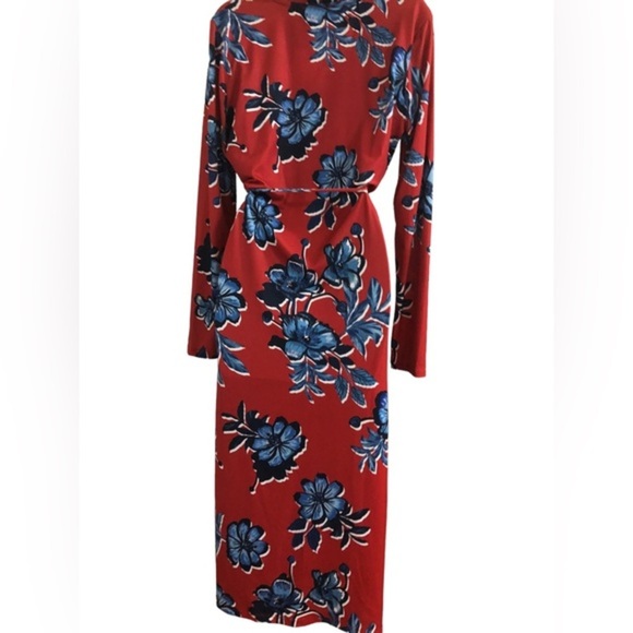 Zara red & blue floral v-neck button front belted‎ midi dress size small new - Picture 9 of 16